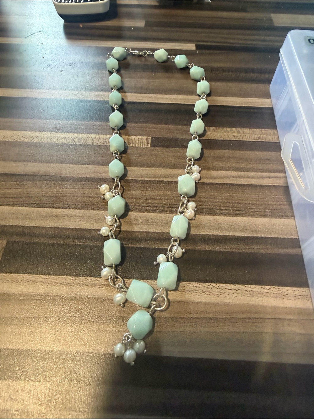 Sterling Silver Beautiful Light Blue Faceted amazonite Necklace Pearl 16”  #370